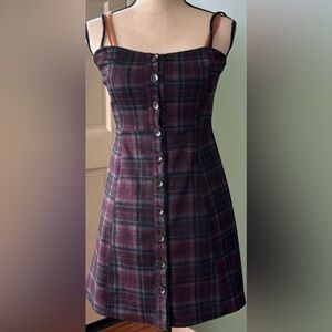 Stretch Chloe & Katie red wine plaid strap button down casual mini dress, Sz M